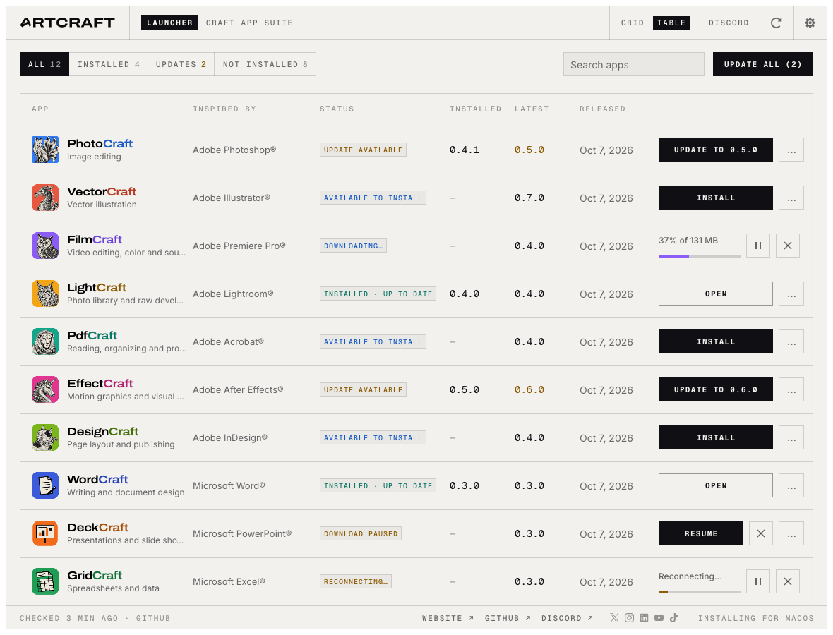 ArtCraft Launcher Table view showing app status