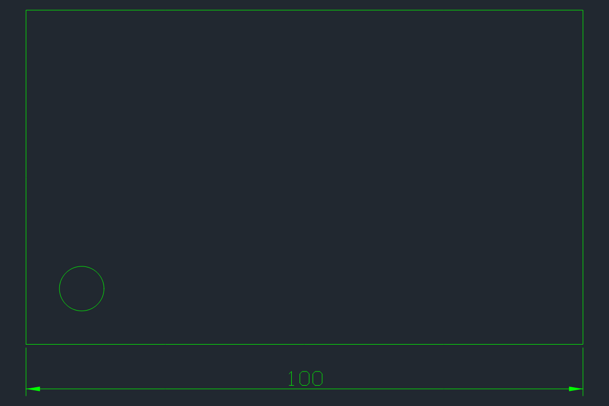 Actual CADCraft render of a 100 by 60 rectangle with a small circle and 100 dimension