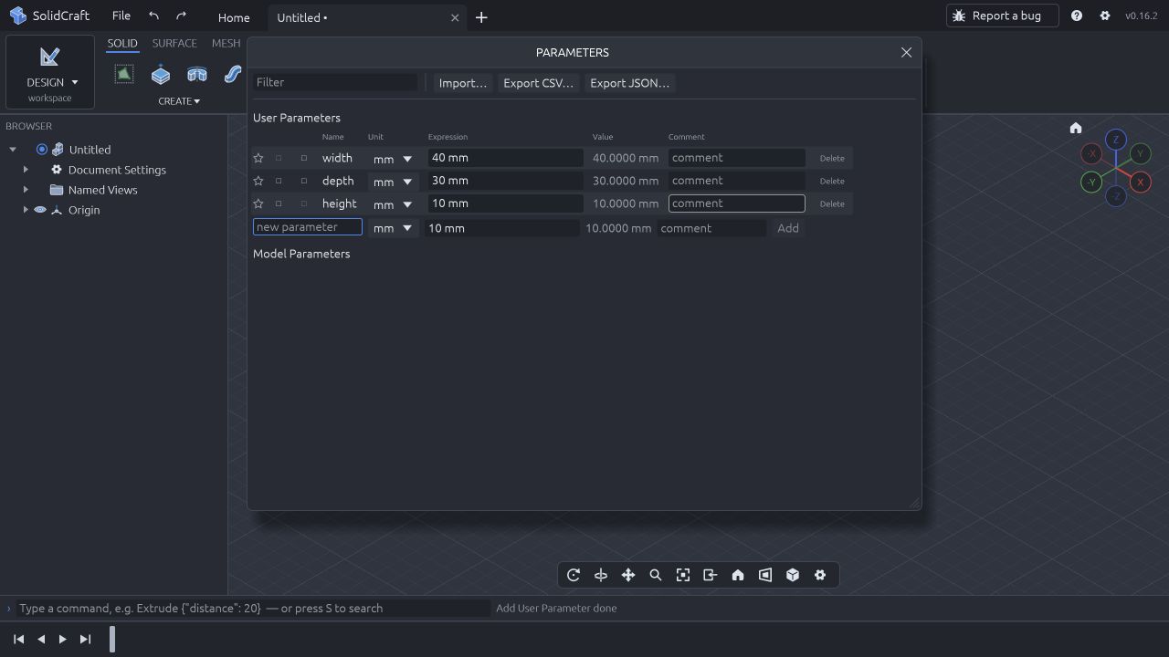 Real SolidCraft Web v0.16.2 Parameters panel with width 40 mm, depth 30 mm and height 10 mm